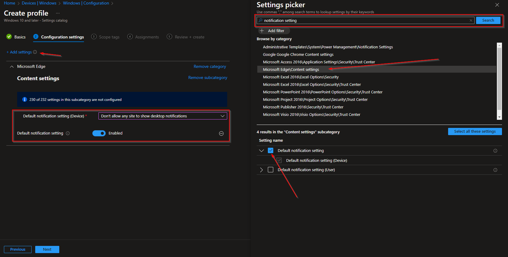 Configuring Edge default notification setting in Intune